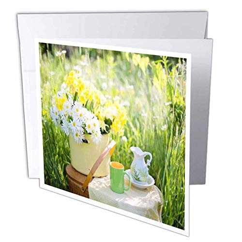3dRose Lens Art by Florene - Flower Standouts - Image of Picnic Basket Holds Bunch of Daisies and Green Mug - 1 Greeting Card with Envelope -gc_302809_5-