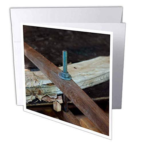 3dRose Alexis Photography - Objects Tools - Metal pin and a nut. Wooden Joint. Vintage Joinery Workshop - 1 Greeting Card with Envelope -gc_307652_5-