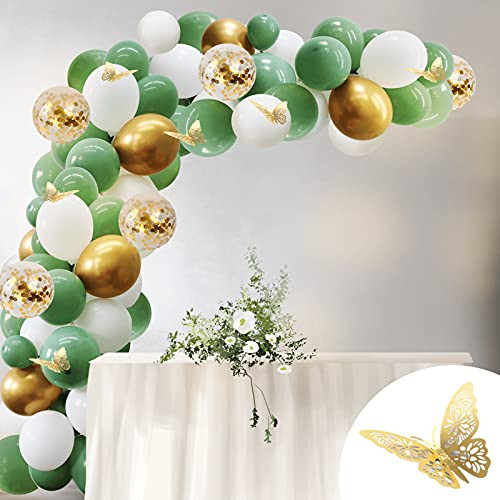 112pcs Sage Green Balloon Garland Arch Kit- Olive Green Balloons with Gold Butterfly- Sage Green Balloons with Green White Balloons for Wedding Baby Shower Birthday Party Jungle Tropical Theme