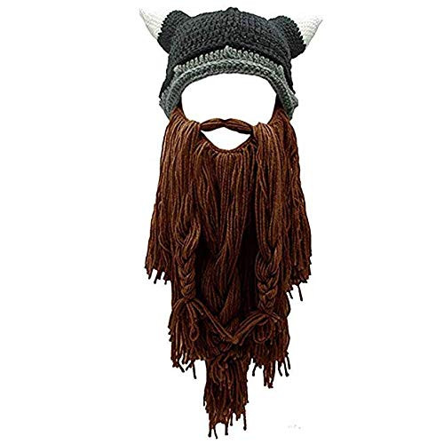 Rcber Beard Hats Beanie Hat Wig Winter Warm Funny Knit Hat Beard Facemask -Viking-Brown-