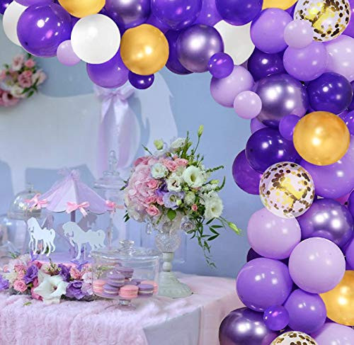 130pcs Purple Gold Balloons Garland Arch Kit Assorted Dark Pastel Light Purple White Balloons and Metallic Purple Gold Confetti Balloons for Purple Wedding Birthday Graduation Party Decorations