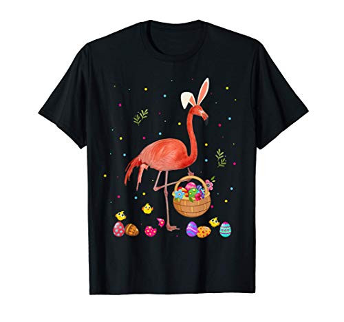 Happy Easter Bunny Flamingo Bringing Easter Egg Basket Gifts T-Shirt