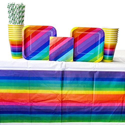 Rainbow Party Supply Pack for 16 Guests: Straws, Dessert Plates, Beverage Napkins, Cups, and Tablecover (Bundle for 16)
