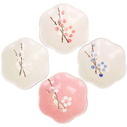 VanEnjoy Soy Sauce Cups- Japanese Dipping Bowl Soy Sauce Seasoning Dishes Soy Dipping Sauce Dishes set of 4- Floral pattern with Flower shape