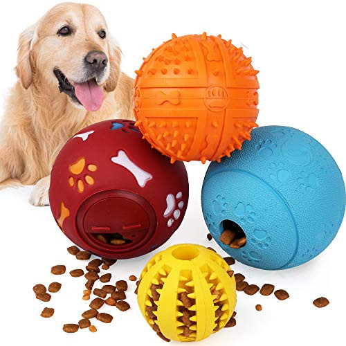 4 Pack IQ Treat Ball- Interactive Food Dispensing Dog Toys- Dog Ball Toys- Dog Chew Puzzle Toys- Non-Toxic Natural Rubber Dog Chew Ball Toys for Tooth Cleaning- Chewing- Playing