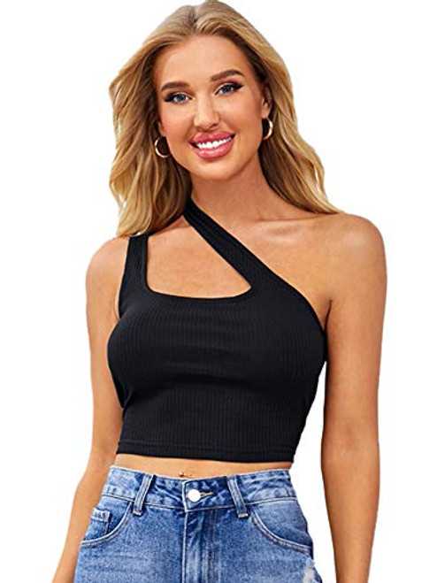 SOLY HUX Women's One Shoulder Cut Out Sleeveless Ribbed Knit Crop Tank Top Black XS