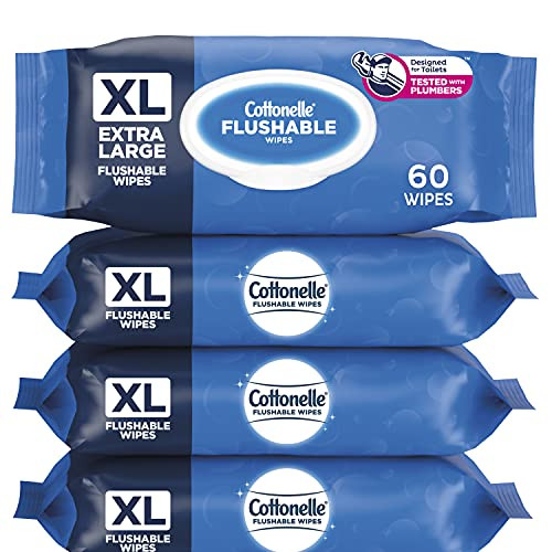 Cottonelle XL Flushable Wipes- Extra Large- 4 Flip-Top Packs- 60 Wipes per Pack -240 Total Flushable Wipes-