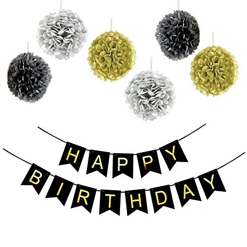 LOCCA Black and Gold Happy Birthday Bunting Banner Sign and Paper Pom Poms for 16, 18th, 21st, 30th, 40th, 50th, 60th, 70th, 75th, 80th, 90th Birthday Party Decorations Supplies Favors (Black) LOCCA Black and Gold Happy Birthday Bunting Banner Sign and Paper Pom Poms for 16, 18th, 21st, 30th, 40th, 50th, 60th, 70th, 75th, 80th, 90th Birthday Party Decorations Supplies Favors (Black)