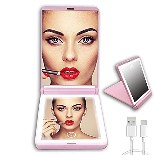ONELAS LED Lighted Compact Mirror-HD Small Vanity Mirror-1X 2X Magnification Travel Makeup Mirror Double Sided-Rechargeable Light Mirrors- Handheld-Portable Folding For Pocket-Girls-Friend-Gift -Pink-