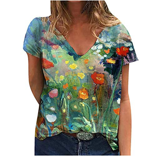 Floral Shirts Blouse for Women Graphic Tee Vintage Spring Summer Casual Tops Short Sleeve V-Neck T Shirts