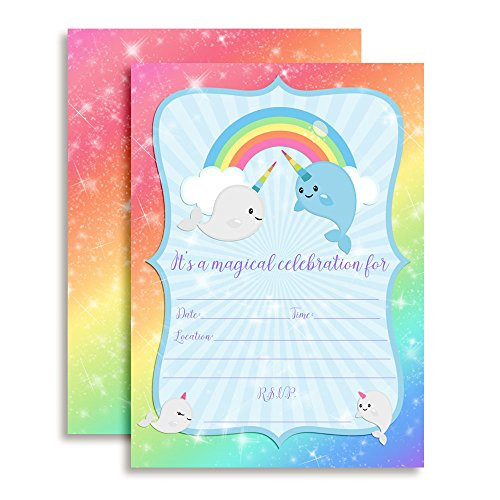 Amanda Creation Narwhal, Unicorn of The Sea Birthday Party Fill in Invitations, Set of 20 Including envelopes