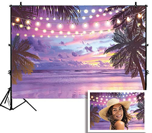 Summer Tropical Purple Sunset Backdrop Beach Hawaiian Seaside Ocean Palm Photography Background Wedding Birthday Party Banner Baby Shower Photo Studio Props 7x5FT