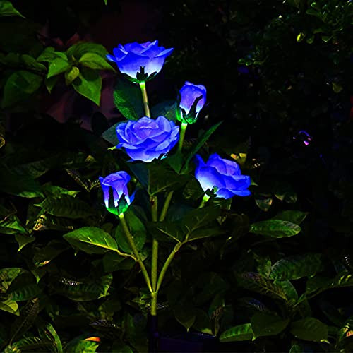 Outdoor Solar Garden Stake Lights- Upgraded LED Solar Powered Light with 5 Rose Flowers- Waterproof Solar Decorative Lights for Patio Pathway Courtyard Garden Lawn -Blue-