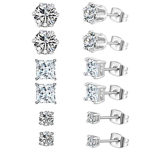 6 Pairs Stud Earrings Set-18K White Gold Plated Round Square Hypoallergenic Cubic Zirconia Earrings for Women Men