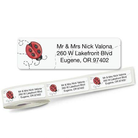 Ladybug Rolled Address Labels - Set of 250 2 1/2inch x 3/4inch rolled labels with clear acrylic dispenser