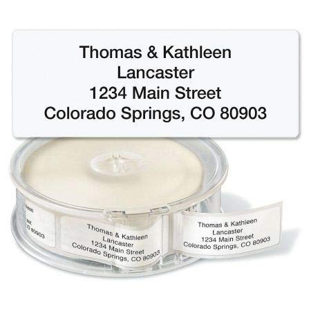 Gloss White Standard Rolled Return Address Labels - Set of 250 2 1/2inch x 3/4inch rolled labels with clear acrylic dispenser