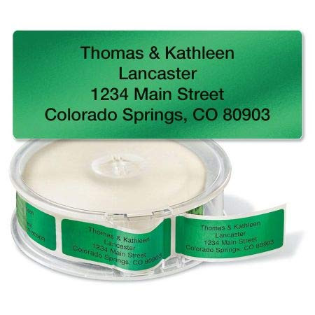 Green Foil Rolled Return Address Labels - Set of 250 2 1/2inch x 3/4inch rolled labels with clear acrylic dispenser