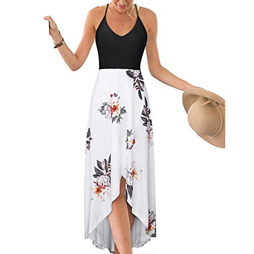 Women's Casual Sleeveless Summer Strappy V Neck Maxi Dress Criss Cross Backless Cami Dress Asymmetrical Beach Sundress-01-White-XL-