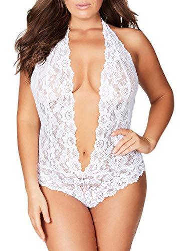 Lingerie for Women Plus Size- Sexy Open Back Halter Plunging Teddy One Piece Scalloped Trim Lace Bodysuit-White-4XL-6004a-