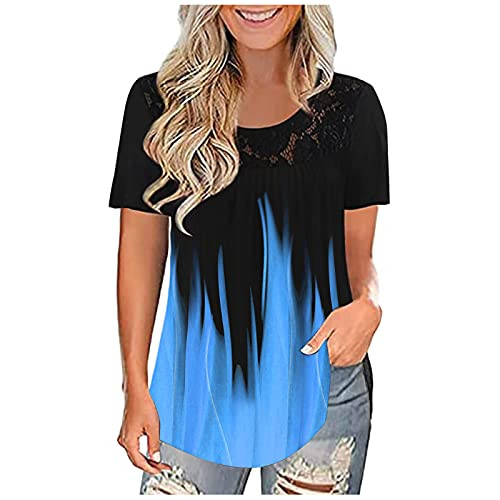 BIFUTON Women Print Splicing Lace Short Sleeve O-Neck T-Shirt Loose Casual Summer Tee Vacation Office Work Blouse Top Purple