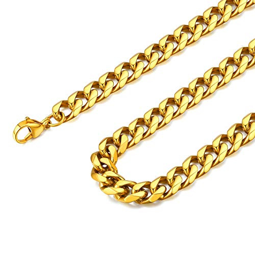 FOCALOOK Curb Design Cuban Link Chain 18K Yellow Gold Chain Necklace 9mm 18 inches