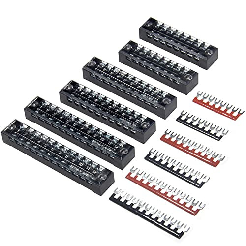 6 Sets Terminal Blocks- 8/10/12 Positions 600V 15A Dual Row Wire Screw Terminal Strip Block with Cover Plus 400V 15A Pre-Insulated Bus Bar Terminals Barrier Strips Jumpers -Black  and  Red- by MILAPEAK
