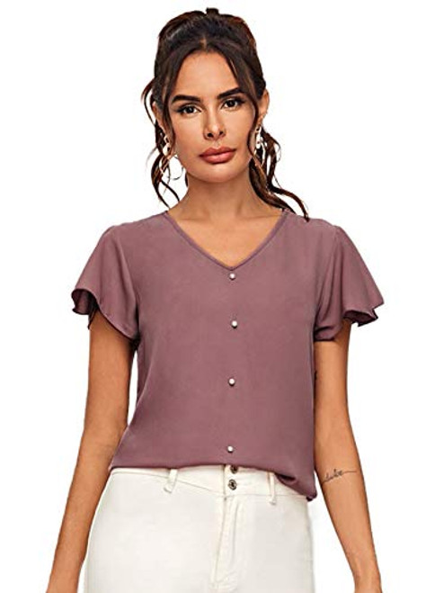 SOLY HUX Women's Casual V Neck Ruffle Short Sleeve Blouse Top Redwood S