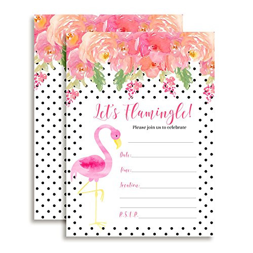 Amanda Creation Pink Watercolor Polka Dot Flamingo Fill in Party Invitations, Set of 20 Including envelopes