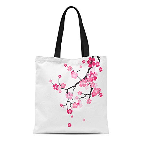 Semtomn Cotton Canvas Tote Bag Tree Cherry Blossom Sakura Flowers Pink on Branch Flat Reusable Shoulder Grocery Shopping Bags Handbag Printed