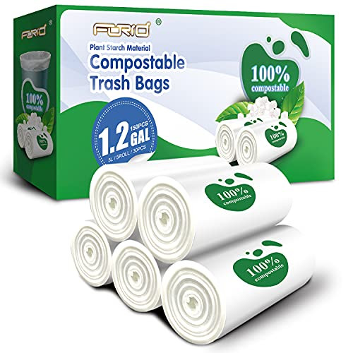 FORID Compostable Small Trash Bags - 1.2 Gallon Mini Garbage Bags 150 Count Strong Trash Can Liners 5 Liter Unscented Wastebasket Bags for Kitchen Bathroom Office Home -5 Rolls/White-
