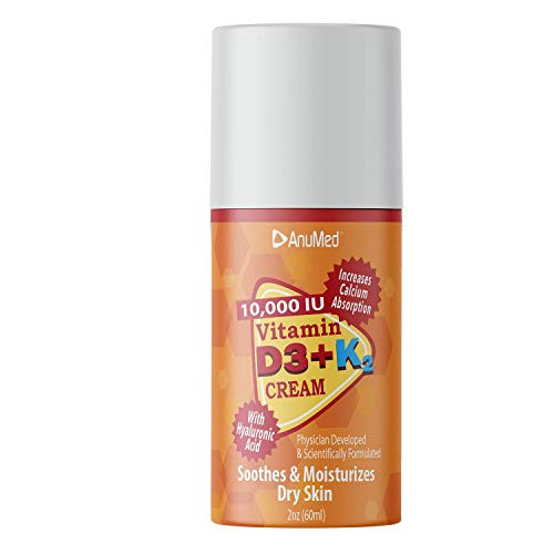 ANUMED - Vitamin D3 with K2 10000 IU Cream Plus Magnesium Plus Hyaluronic Acid Plus Vitamin E for Beauty  and  Healthy Skin. Promotes Stronger Bones- Muscles- Joints. Maximum Calcium Absorption- Travel Size -2oz-