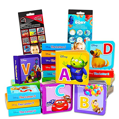 Disney Pixar Alphabet Story Book Collection Bundle Disney Board Book Set ~ 24 Pack Disney Pixar My First Library Mini Block Books with Reward Stickers -Disney Board Books for Toddlers-
