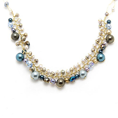 Handmade Blue Cultured Freshwater Pearl Crystal Beads Silk Thread Cluster Necklace 16inch-18inch Handmade Blue Cultured Freshwater Pearl Crystal Beads Silk Thread Cluster Necklace 16inch-18inch