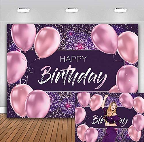 Purple Birthday Backdrop Woman Birthday Glitter Dots Pink Balloons Happy Birthday Party Background Cake Table Decorations Sweet 16th 30th 40th 50th 60th Banner Photo Booth 7x5FT