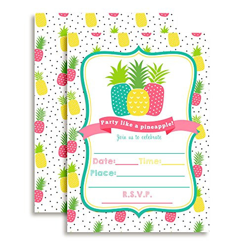 Party Like a Pineapple Birthday Party Invitations, 20 5"x7" Fill in Cards with Twenty White Envelopes by AmandaCreation