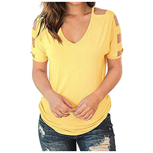POTTOA Off The Shoulder Tops for Women- Summer V Neck T Shirts Short Sleeve Tunic Cold Shoulder Tops Blouse -Yellow- XL- POTTOA Off The Shoulder Tops for Women- Summer V Neck T Shirts Short Sleeve Tunic Cold Shoulder Tops Blouse -Yellow- XL-