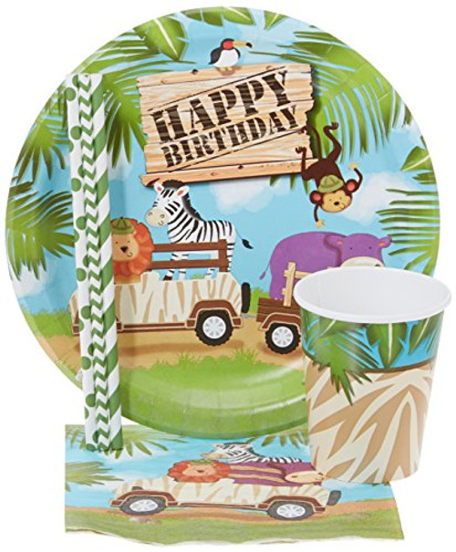 Cedar Crate Market Safari Adventure Party Supplies Pack for 16 Guests: Straws, Dinner Plates, Luncheon Napkins, Cups, and Table Cover