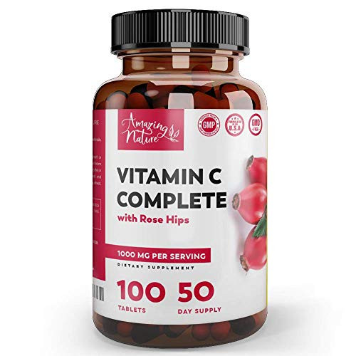 Pure Vitamin C with Rose Hips 1000mg  and  Citrus Bioflavonoids for Advance Immune System Booster- Collagen Production  and  Antioxidant Supplement 100 Non GMO Vitamina C Tablets 500mg