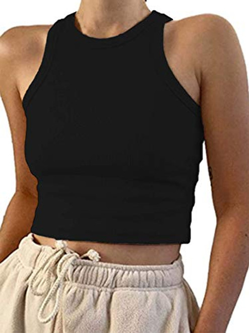 Women Sleeveless Vest Crop Tank Top Casual Crew Neck Binding Racerback Camisole Rib-Knit Solid Crop Top Black