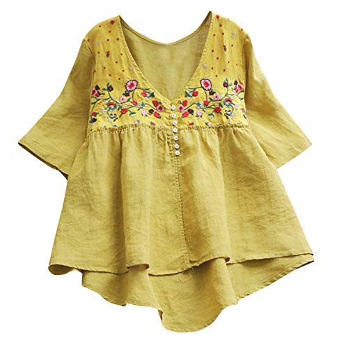 Women's Casual Boho Linen Tops V Neck Short Sleeve Shirts Casual Loose Floral Printing Tunic Blouses Yellow Women's Casual Boho Linen Tops V Neck Short Sleeve Shirts Casual Loose Floral Printing Tunic Blouses Yellow