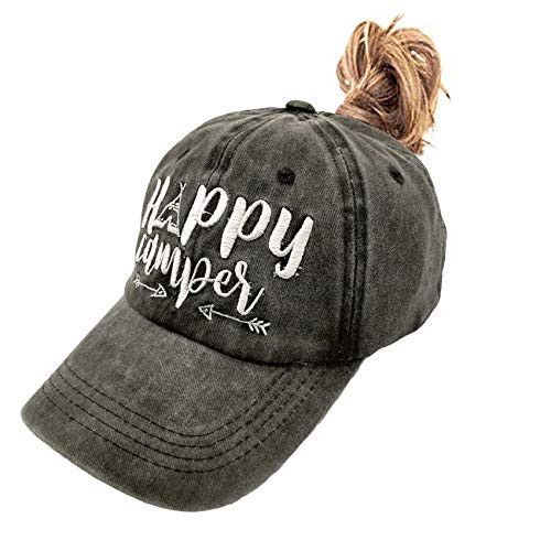 LOKIDVE Women's Happy Camper Ponytail Hat Messy High Bun Distressed Baseball Cap LOKIDVE Women's Happy Camper Ponytail Hat Messy High Bun Distressed Baseball Cap