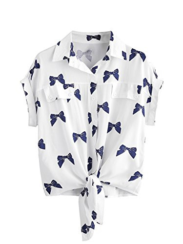 MakeMeChic Women's Collar Button Down Shirt Summer Knot Front Blouse Bow Print S
