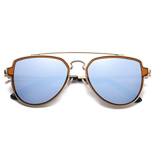SOJOS Polarized Double Bridge Aviator Sunglasses for Men Women Mirrored Lens SJ1051 with Gold Frame/Dusty Blue Mirrored Lens