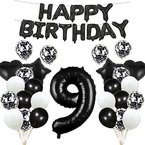 9th Birthday Balloon 9th Birthday Decorations Black 9 Balloons Happy 9th Birthday Party Supplies Number 9 Foil Mylar Balloons Latex Balloon Gifts for Girls-Boys-Women-Men