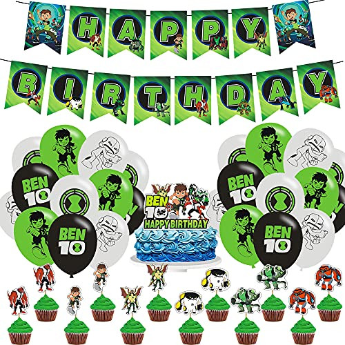 38 Pcs Ben and 10 Party Decoration- ben and 10 Theme Party Supplies Includes Happy Birthday Banner- Cake Toppers- Latex Balloons- Insert the Cards-for Kids Birthday Party Decoration