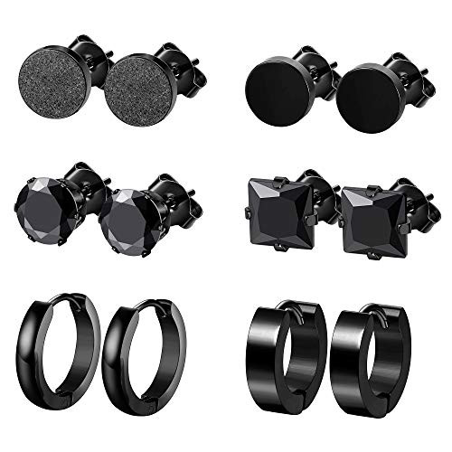 Finrezio 6 Pairs Stainless Steel Black CZ Hoop  and  Stud Earrings Set for Men Women Unisex Cubic Zirconia Ear Piercing Jewelry Hypoallergenic