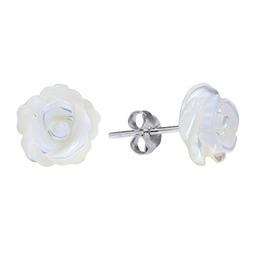 Rose of Innocence Carved Mother of Pearl .925 Sterling Silver Stud Earrings
