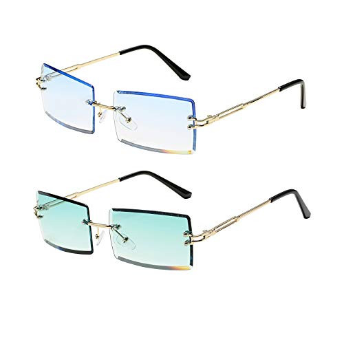 Rimless Rectangle Sunglasses Tinted Frameless Vintage Transparent Eyewear for Women Men-BluePlusGreen- Rimless Rectangle Sunglasses Tinted Frameless Vintage Transparent Eyewear for Women Men-BluePlusGreen-
