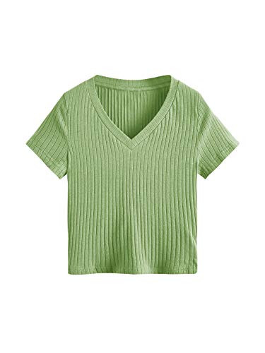 SweatyRocks Women's Basic Short Sleeve V Neck Ribbed Knit Crop Top Tee Shirt Grass Green M
