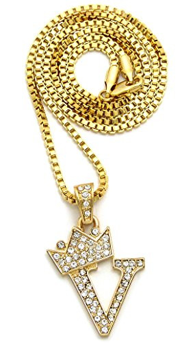 CBC Crown Rhinestone Studded Crown Small Initial Alphabet Letter Pendant Necklace 24inch Box Chain Necklaces in Gold Tone or Silver Tone -Gold - V-